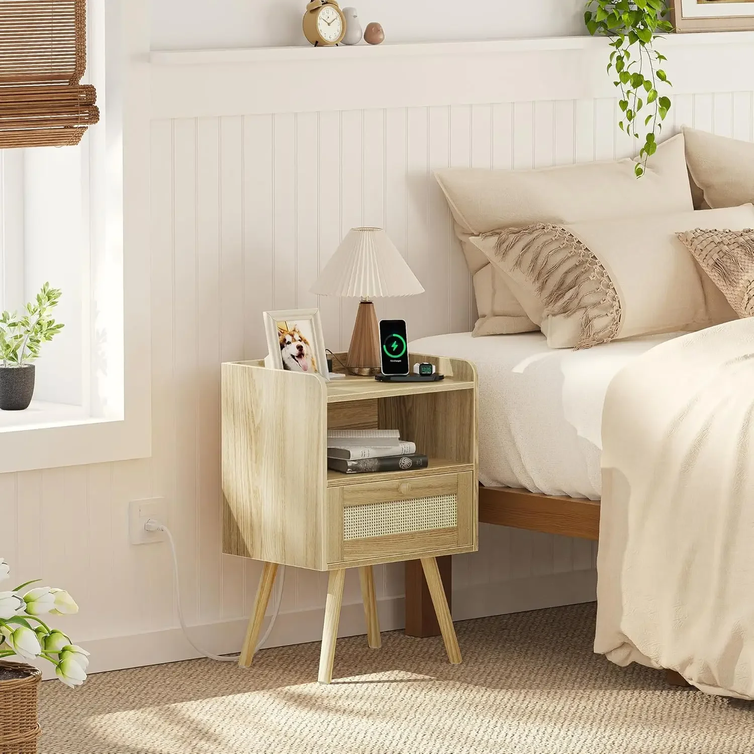 Nightstands Set of 2, Night stands with Charging Station & PE Rattan Decor Drawer, Bed Side Tables with Solid Wood Fee