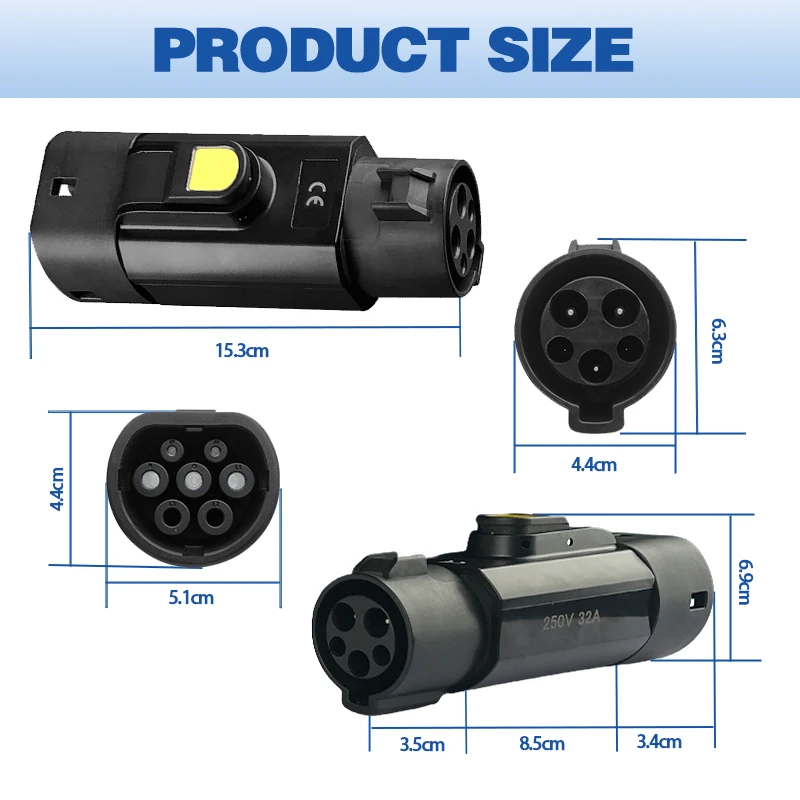 AC Type1 إلى Type2 EV مهايئ شاحن 32A المحمولة J1772 إلى IEC62196 محول الشحن للسيارات الكهربائية Type2