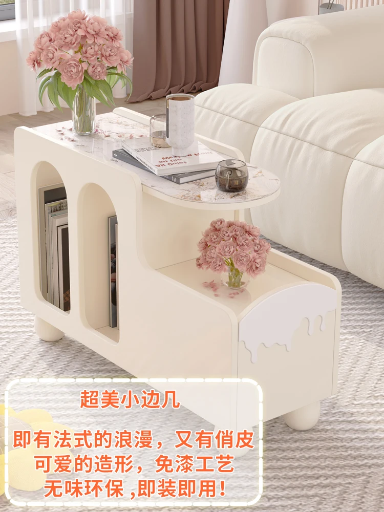 Cream Style Side Table High-Grade Sofa Side Cabinet Storage Cabinet Stone Plate Small Coffee Table