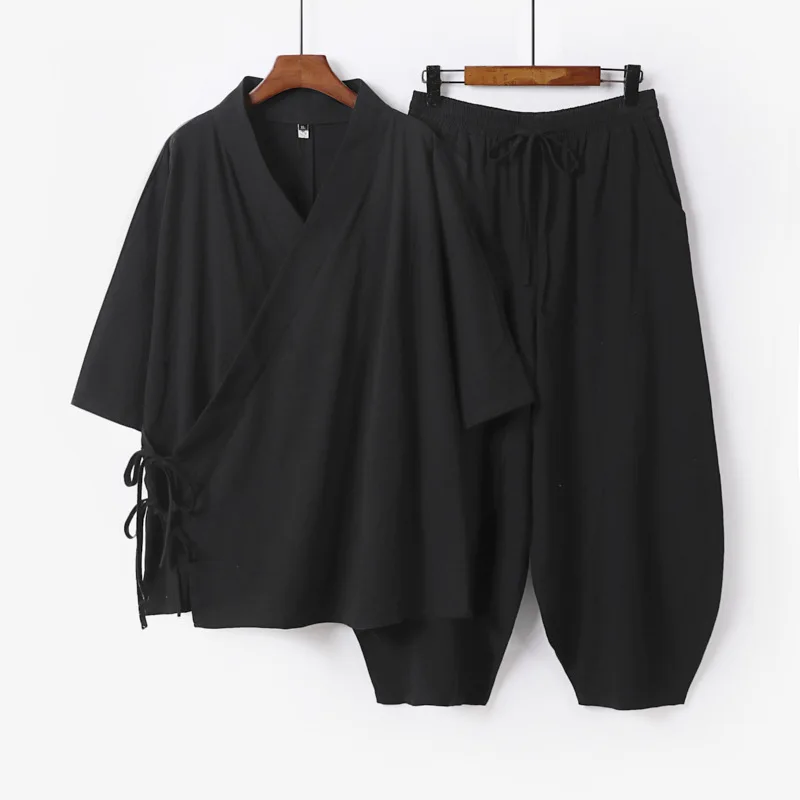 Plus Size Men 2 Piece Cotton Linen Outfit Set New Chinese Style V Neck Cross Wrap Top Drawstring Harem Pants Kimono Cardigan