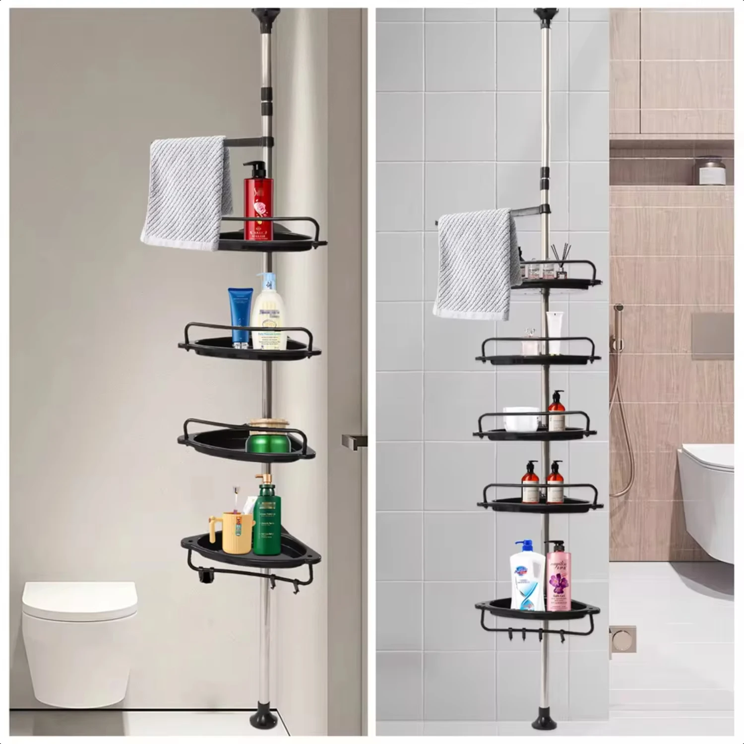 Rustproof Shower Corner  Bathroom Bathtub  Organizer  Shampoo Accessories 4-Tier Adjustable Shelves with Tension