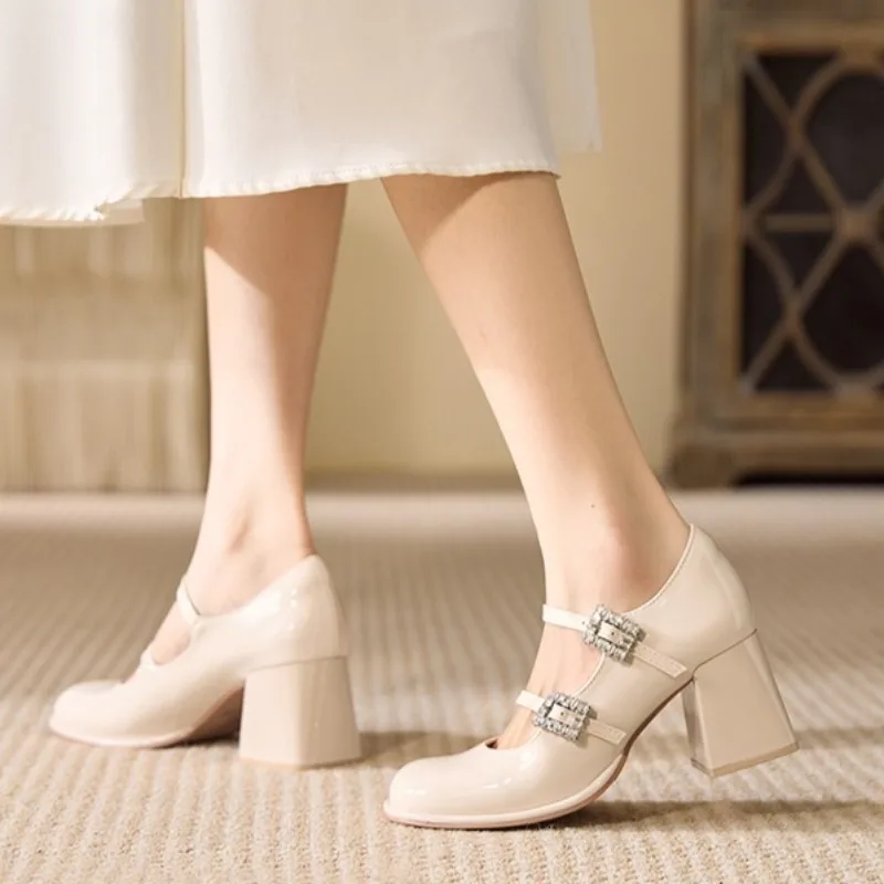 كعب مربع حذا فردي للسيدات خريف جديد جولة تو الضحلة زلة حجر الراين حزام المضادة للانزلاق مقاومة للاهتراء الكعب العالي