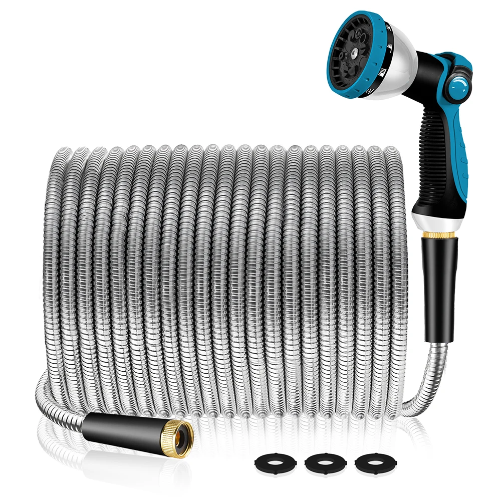 100 FT Stainless Steel Garden Hose 10 Functions Spray Nozzle No-Leak Outdoor Water Pipe for Garden Farm Car Pet Wash Tool