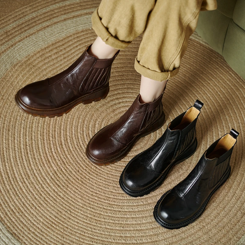 2026 new autumn winter women ankle boots natural leather plus size 22-25cm sheepskin round toe thick heel chelsea boots fashion