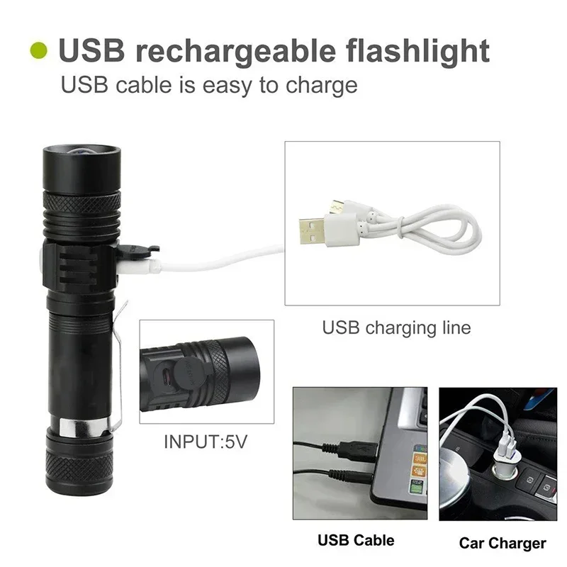 Hochleistungs-LED-Taschenlampen, zoombare Camping-Taschenlampe mit T6-LED-Lampenperlen, wasserdicht, 4 Beleuchtungsmodi, multifunktionales USB-Ladegerät – Detail 3
