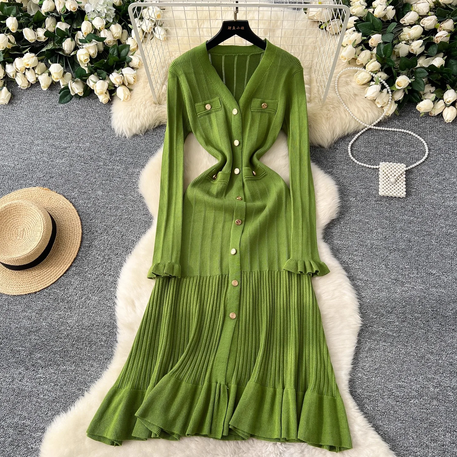 YuooMuoo Marke Mode Vintage Gestrickte Lange Kleid 2025, Herbst Winter Frauen Elegante V-ausschnitt Rüschen Pullover Kleid Party Vestidos