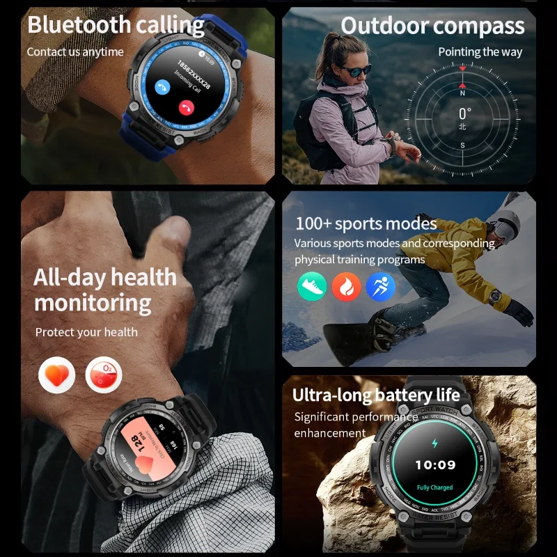 Military smartwatch for men to answer/make phone calls outdoor sports smartwatch with COMPASS heart rate blood oxygen blood pres