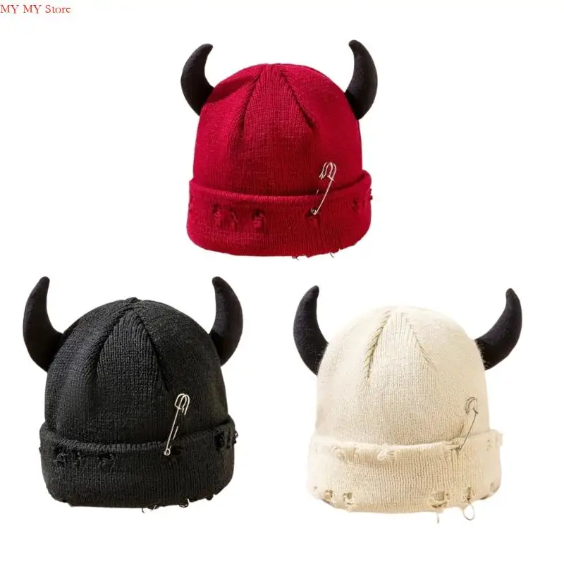 

Distressed Safety Pin Design Knit Beanie Winter Warmth Unisex Earflap Hat For Outdoor Activities Cold Weather