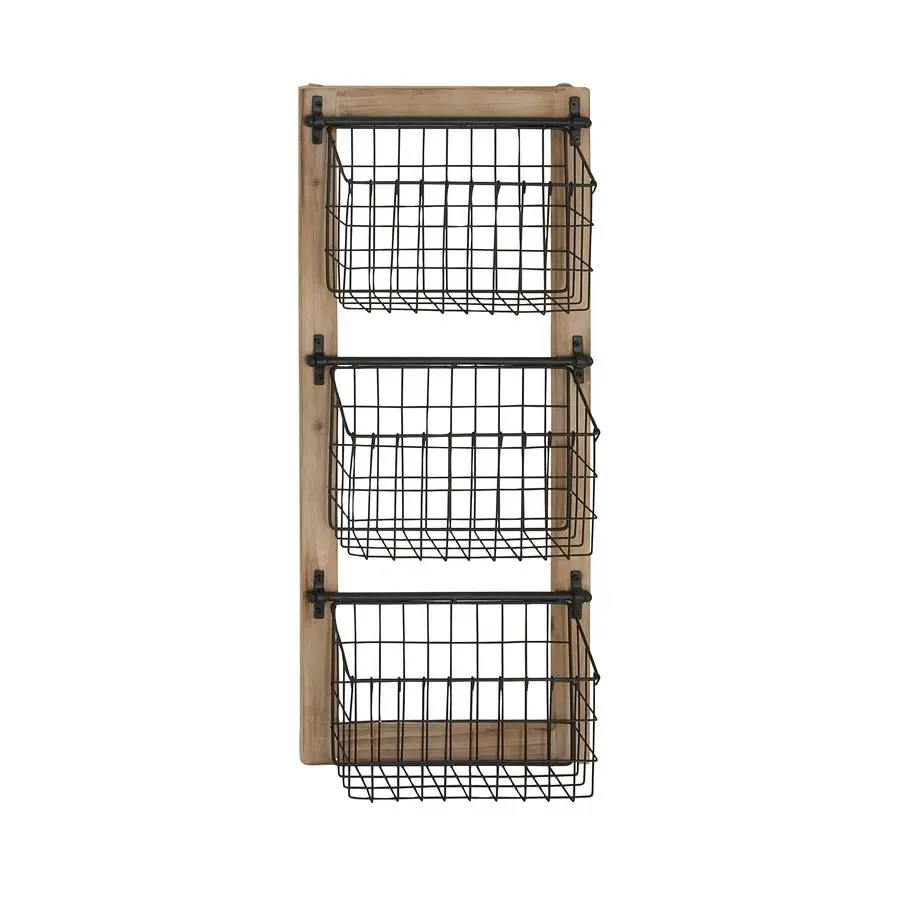 Porte-revues en métal à 3 fentes avec cadre en bois et paniers en fil suspendu, 14 x 5 x 34, noir
