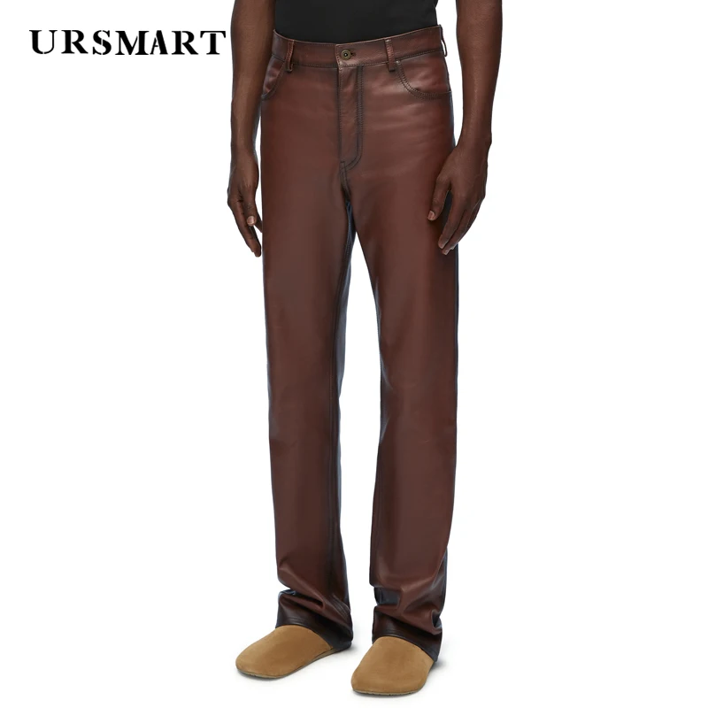 

Men's Brown Genuine Leather Pants High Quality Spring and Autumn New British Fashion Personalized Custom Sheepskin Pants for Men