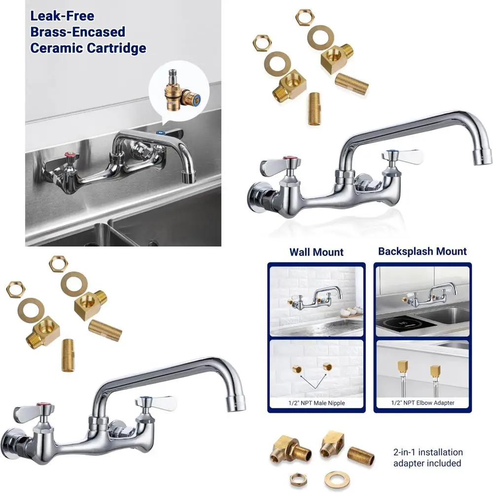 

8 Center Swivel Spout Wall Mount Dual Handle Commercial Sink Faucet, Brass, for Kitchen, Laundry, and Restaurant Use