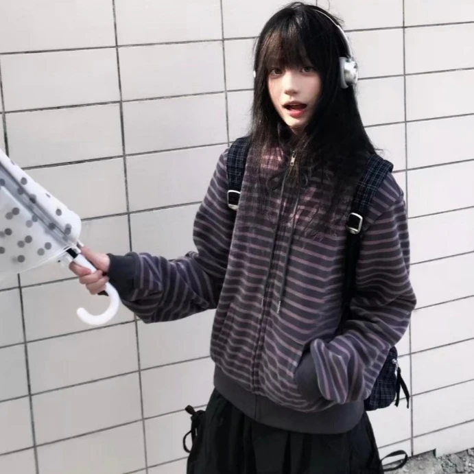 90s American Retro Knitted Cardigan Ladies Harajuku Striped Lined Zip Up Hoodie Y2K Grunge Oversized Long Sleeve Sweat Jacket