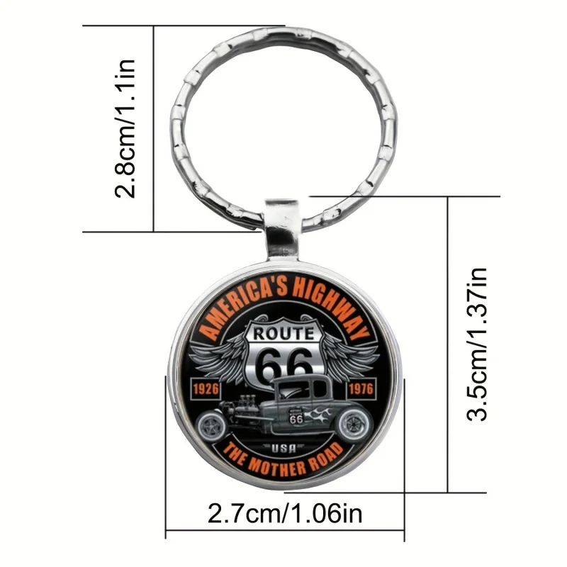 6PCS Classic Route 66 Keychain, Zinc Alloy Round Glass Dome Pendant, Timeless Travel Gift for Men Friends Family