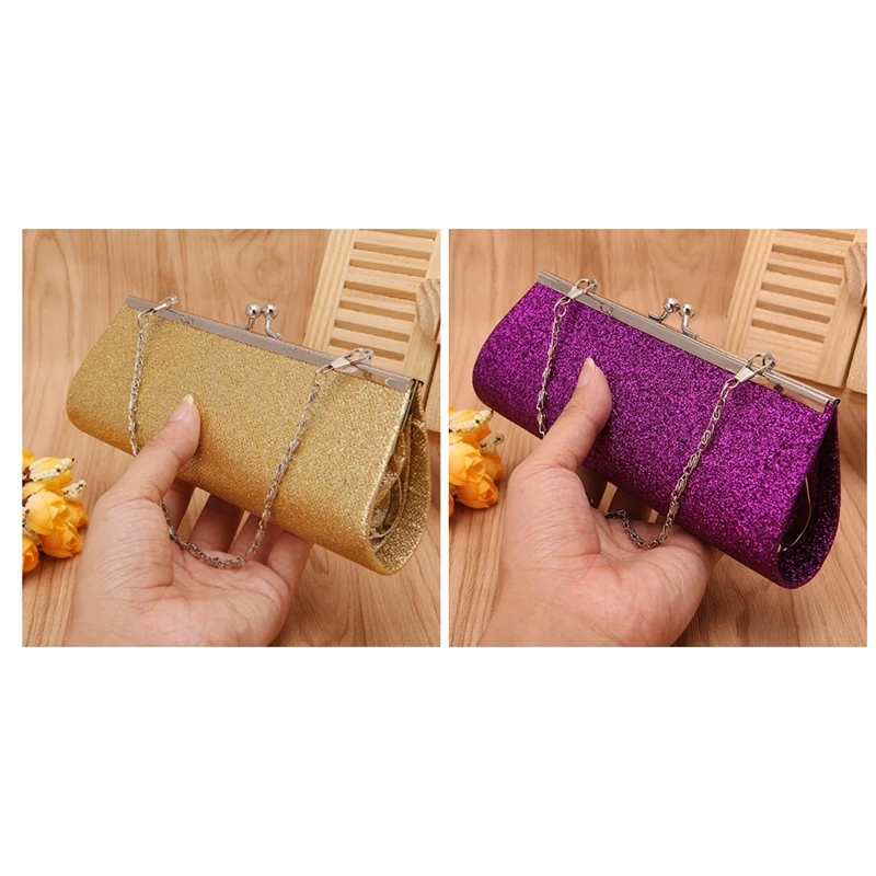 2X borsa a tracolla da donna con pochette glitterata da sera per feste di matrimonio (oro e viola)