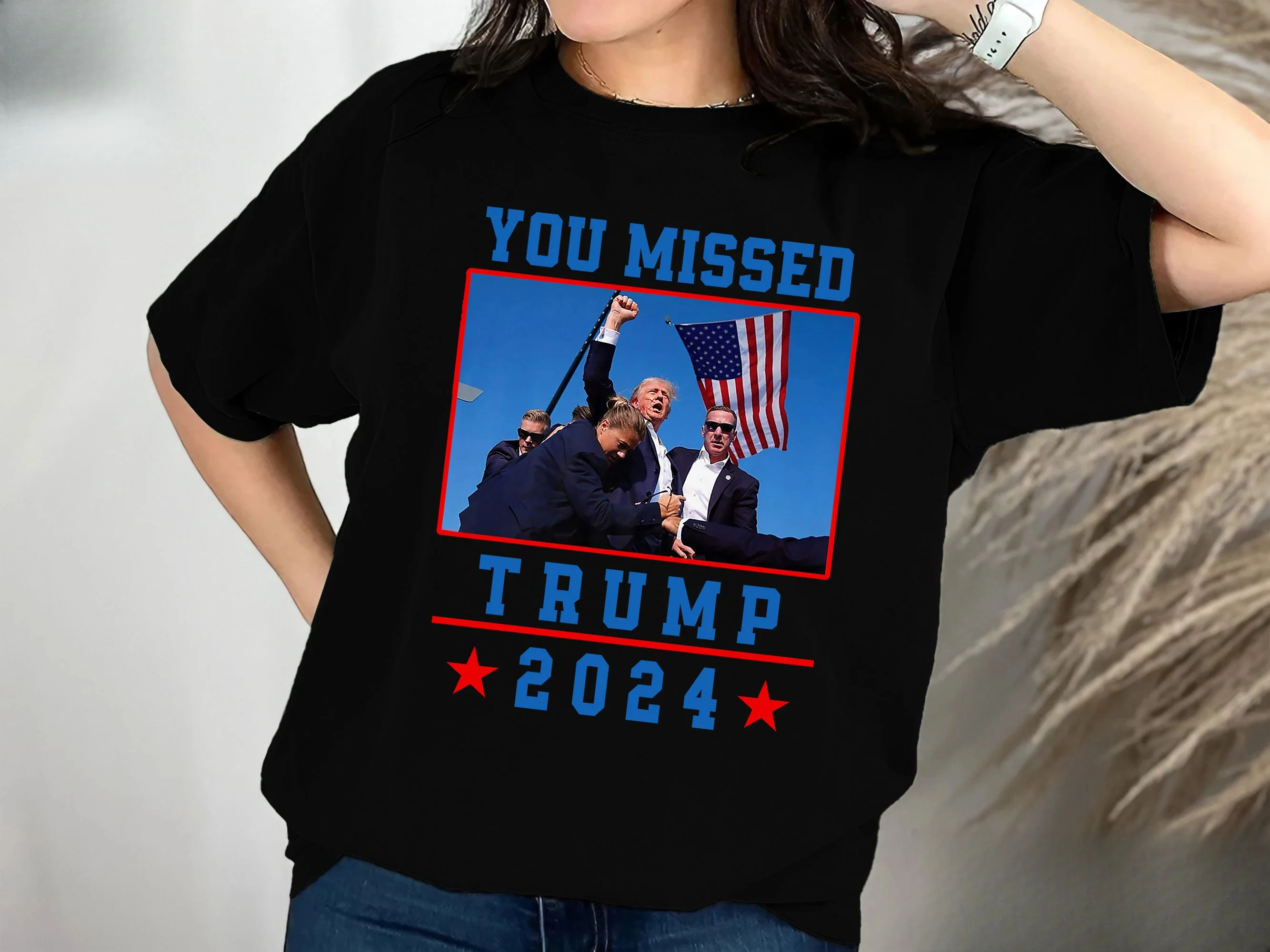 Donald Trump shoot 2024 President Unisex Women Men Cotton Tshirt Luxury Fashion Big Size Top Casual Short Sleeve Classic Tee