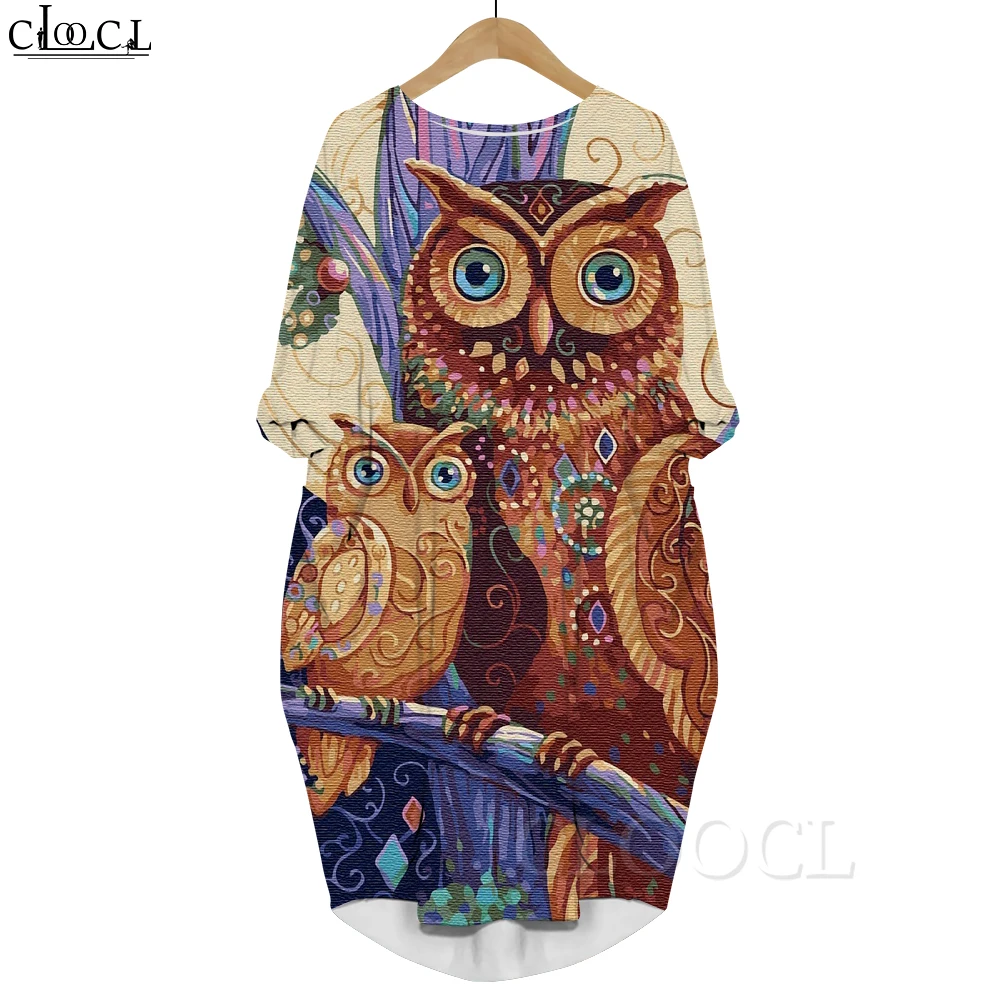 

CLOOCL Fashion Animal Dress Retro Owl Painting Pattern 3D Printed Long Sleeve Female Pocket Dresses Oversized Dresses for Women