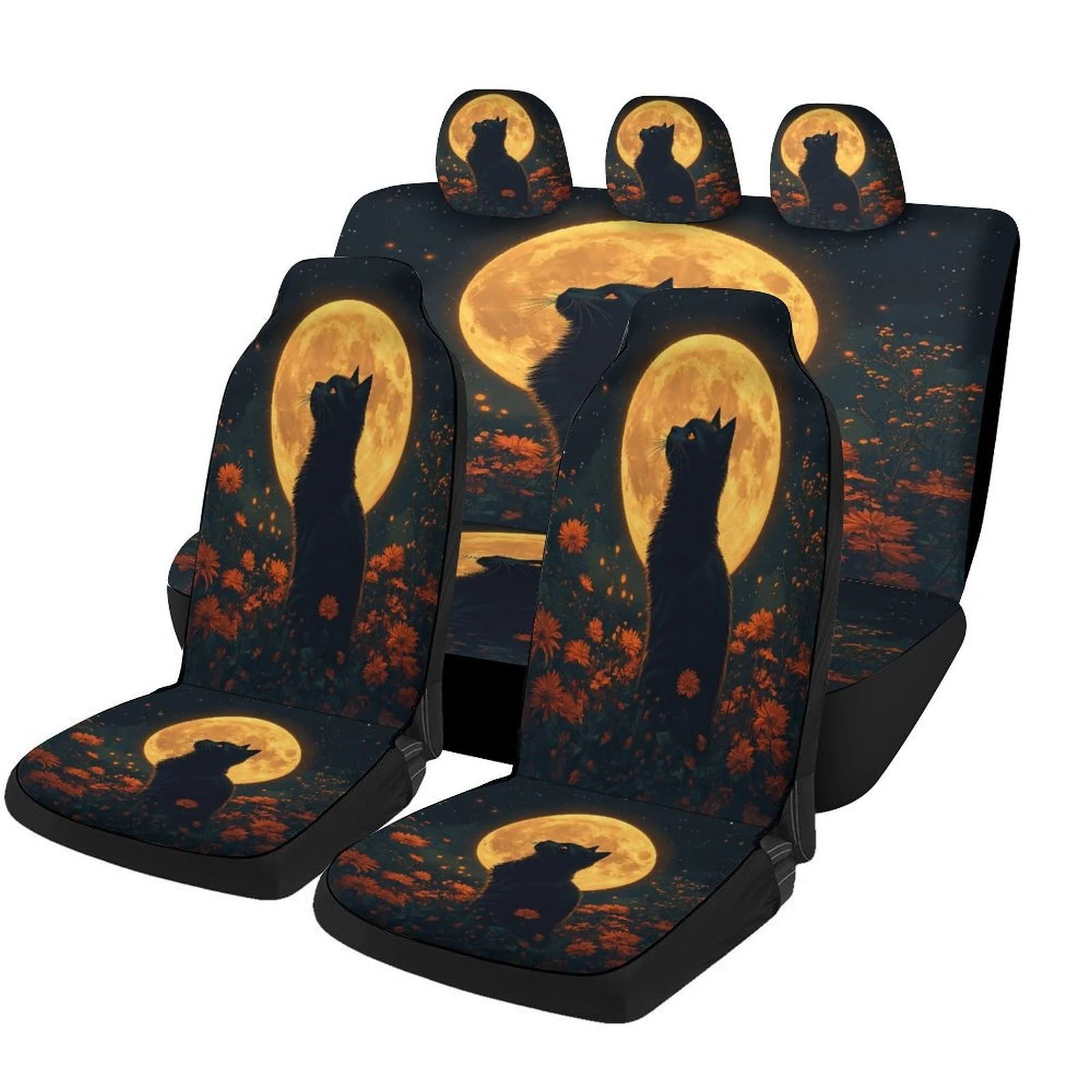 Moonlit Cat Garden Themed Car Seat Cover Set - Stylish Black & Orange Design With Full Moon & Silhouettes, Durable Polyester, Fi