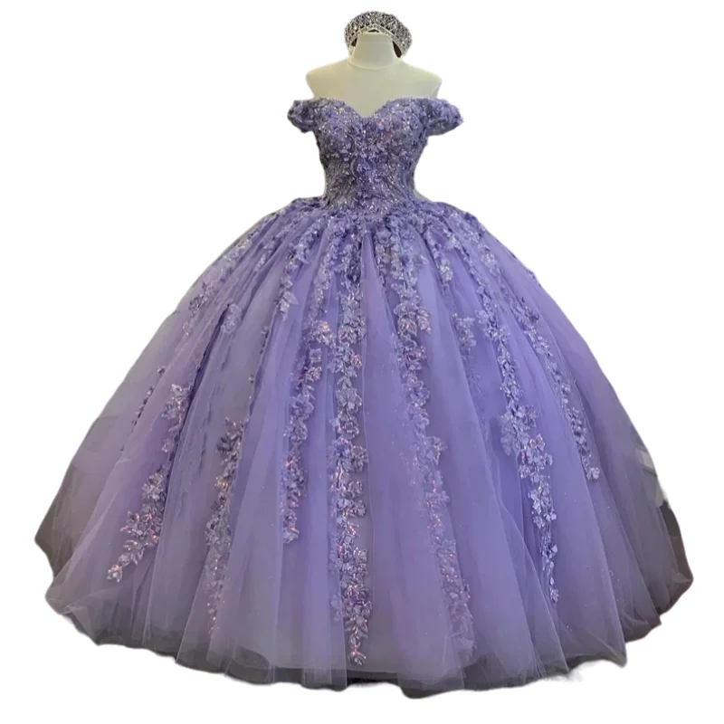 Customized Luxury Purple Sweet 16 15 Dresses Quinceanera Gown 3D Floral Crystal Ball Skirt Women Occasion Party Prom Dress 2025