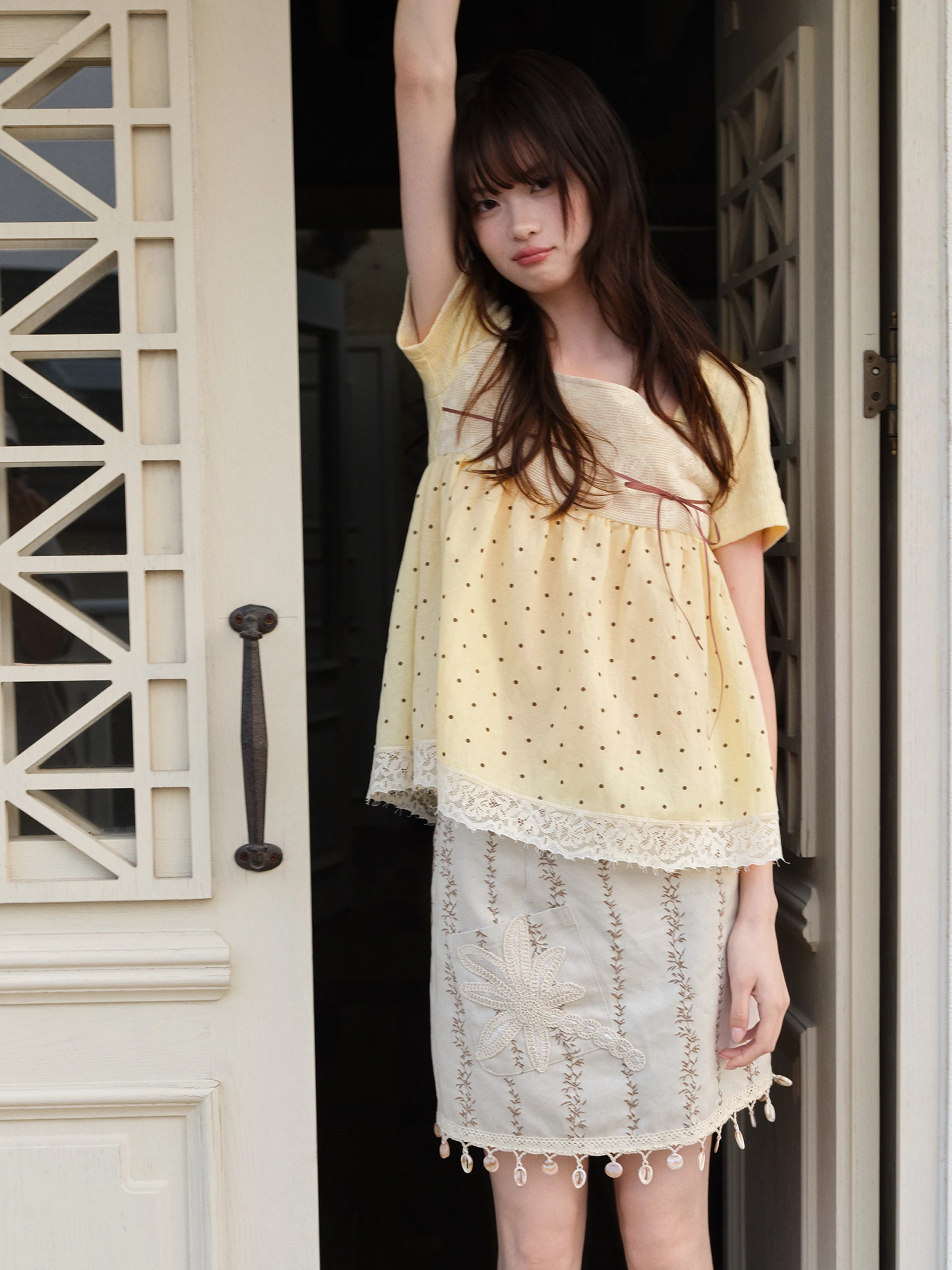 

Original Vintage Romantic Girl Butter Color Polka Dot Doll Shirt Short Sleeve Top for Women Breathable Polyester Cotton Blend