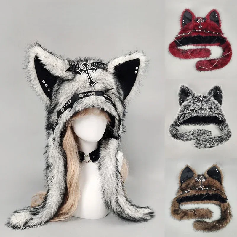 Halloween Dark Gothic Plush Hat Cross Headwear Cosplay Cat Ear Hat Punk Rock Medieval Fluffy Wolf Furry Ears Women Men Child