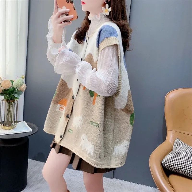 

Women Japanese Style Vintage Simple Oversized Single Breasted Knitted Sweater Vest Y2K Female Casual Sweet Sleeveless Waistcoat