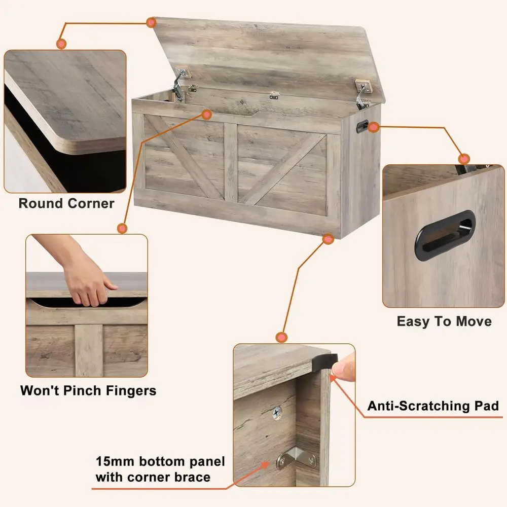 Großer Aufbewahrungsbehälter aus Holz mit 2 Sicherheitsscharnieren, graue Schuhbank im Eingangsbereich für Wohnzimmer und Schlafzimmer