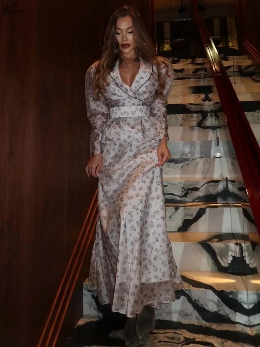 

Oymimi Fashion White Print 2 Pieces Set For Woman Elegant Long Sleeve Button Shirts + High Waist Ruffled Floor-Length Skirts Set