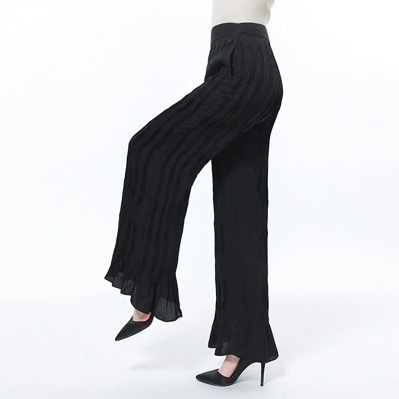 

Silk Jacquard Mysterious Black Pants for Women Natural Waist Asymmetric Design Wavy Fold Loose Straight Trousers KE513