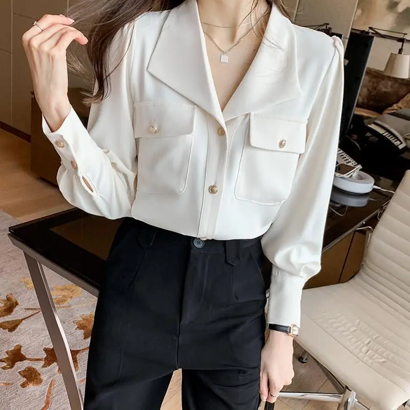 Spring Autumn Tailored Collar Long Sleeve Shirt Women High Street Solid Color Button Patchwork Cardigan Elegant All-match Tops