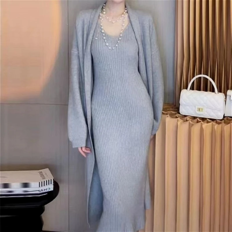 

Women Two Pieces Knitted Dress Set Solid Sets Mid Calf Open Stitch Cardigan V Neck Long Dress Loose Casual 2025 Autumn Winter
