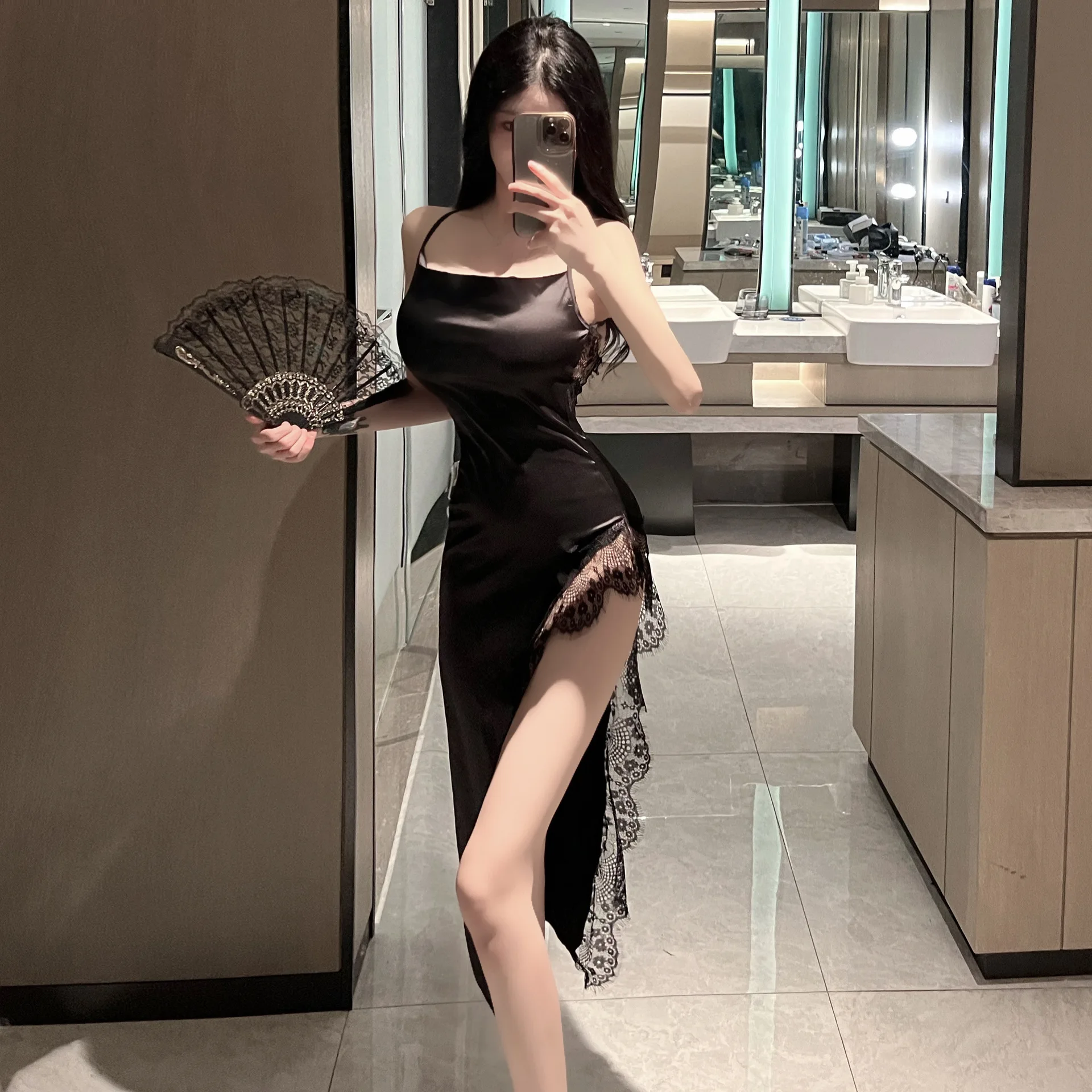 

Free Size Sexy Women Lace Long Dress Elegant Ladies Summer Backless Split Irregular Strap Maxi Dress for Party Club Black Red