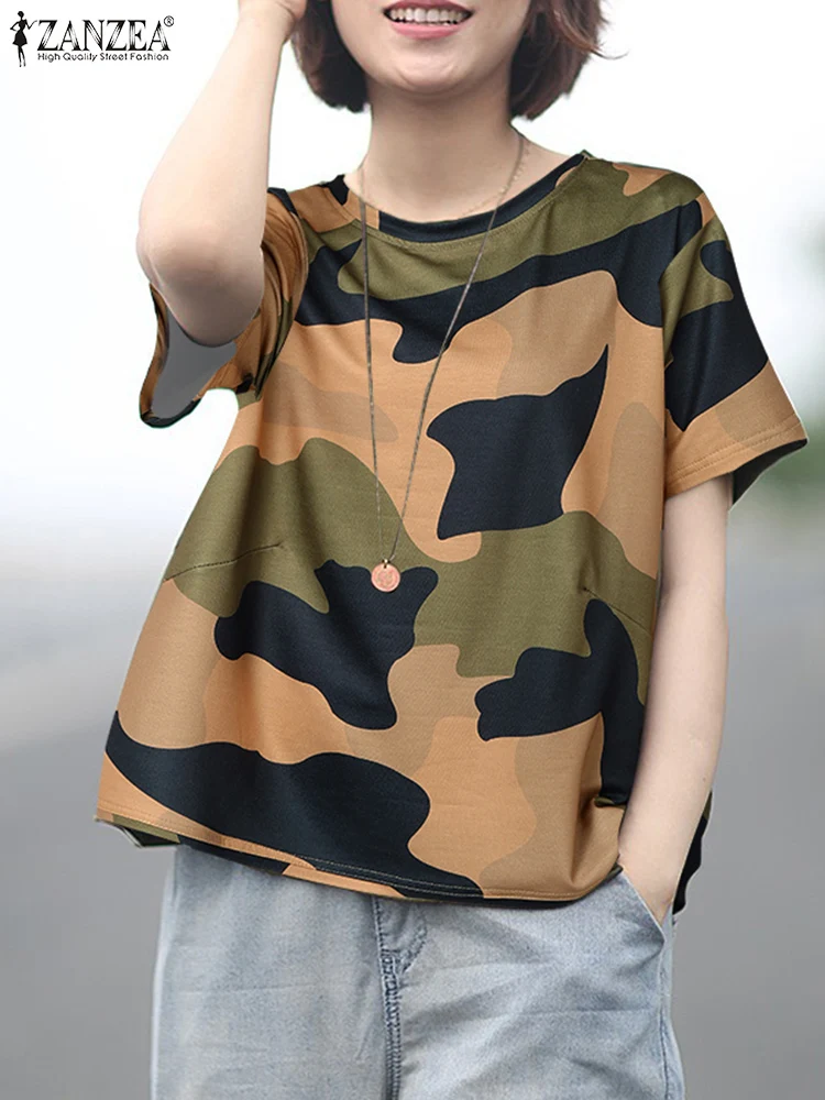 ZANZEA 2024 Summer Women Casual O Neck Short Sleeve Tees Shirt Loose Everyday Blouses Tops Chemise Camouflage Print T-shirts