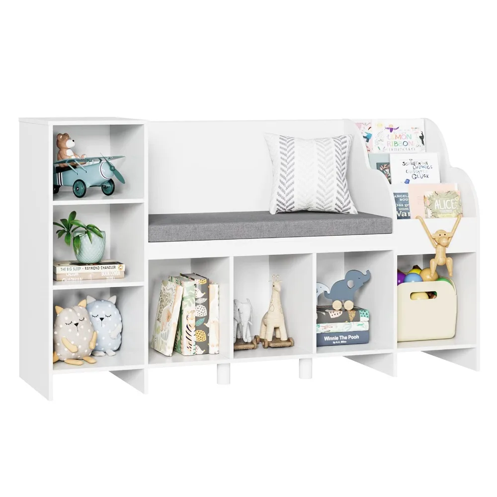 

55" Kids Bookshelf with Reading Nook, Bookcase with Seat Cushion and Adjustable Shelf