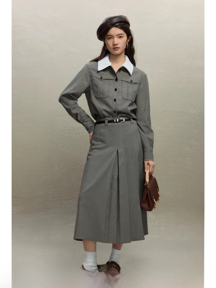 

Self-Ele Plaid irt f-length Skirt Set Women's Autumn Winter Commute Sle Polyester Fiber Long Sve Loose Fit