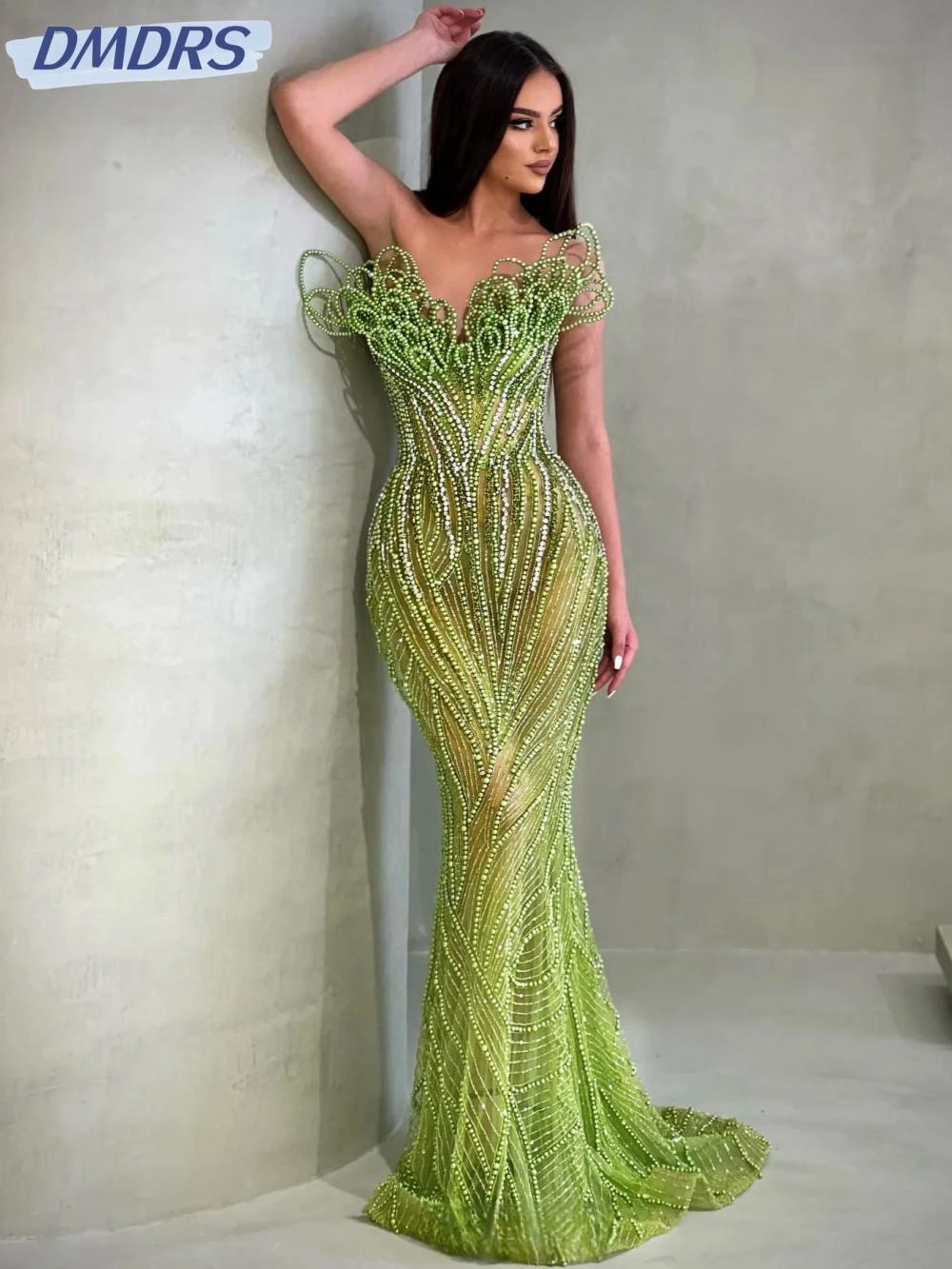 

Green Sexy Illusion Mermaid Evening Dress Hand-sewn Pearls Beads Prom Gown Luxury Customized Cocktail Dresses Robe De Mariée