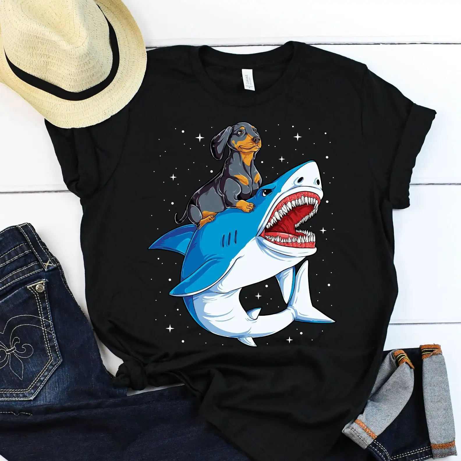 

Dachshund Riding Shark T Shirt s Lover