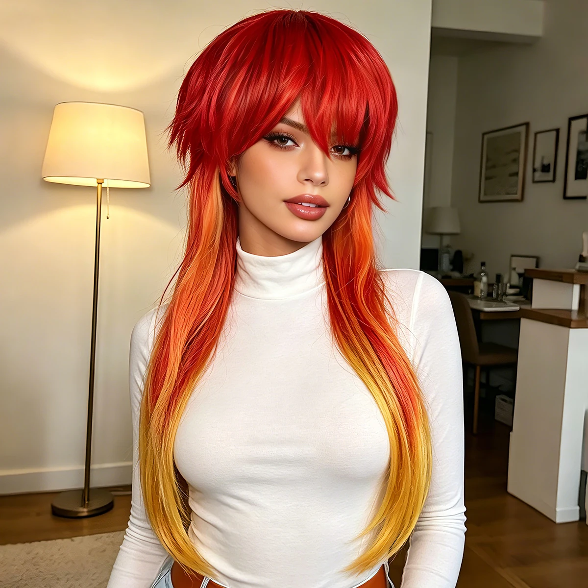 Red Orange Yellow Ombre Synthetic Long Straight Layered Bangs Anime Cosplay Halloween Party Costume Role Play