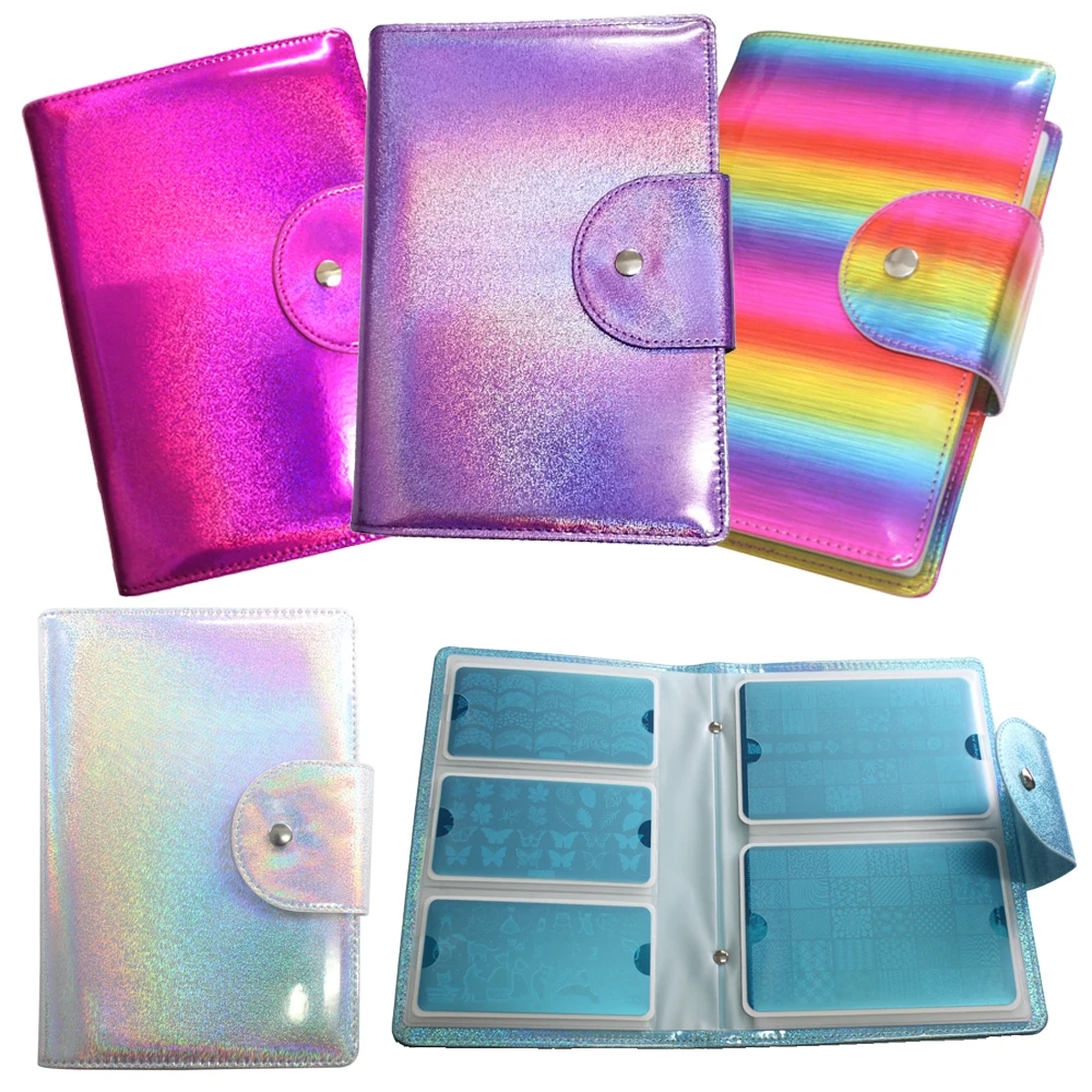 50Slots Nail Stamping Plate Holder Purple/Pink/Blue/Rainbow Laser Design Rectangle Manicure Nail Art Plate Organizer Empty Case