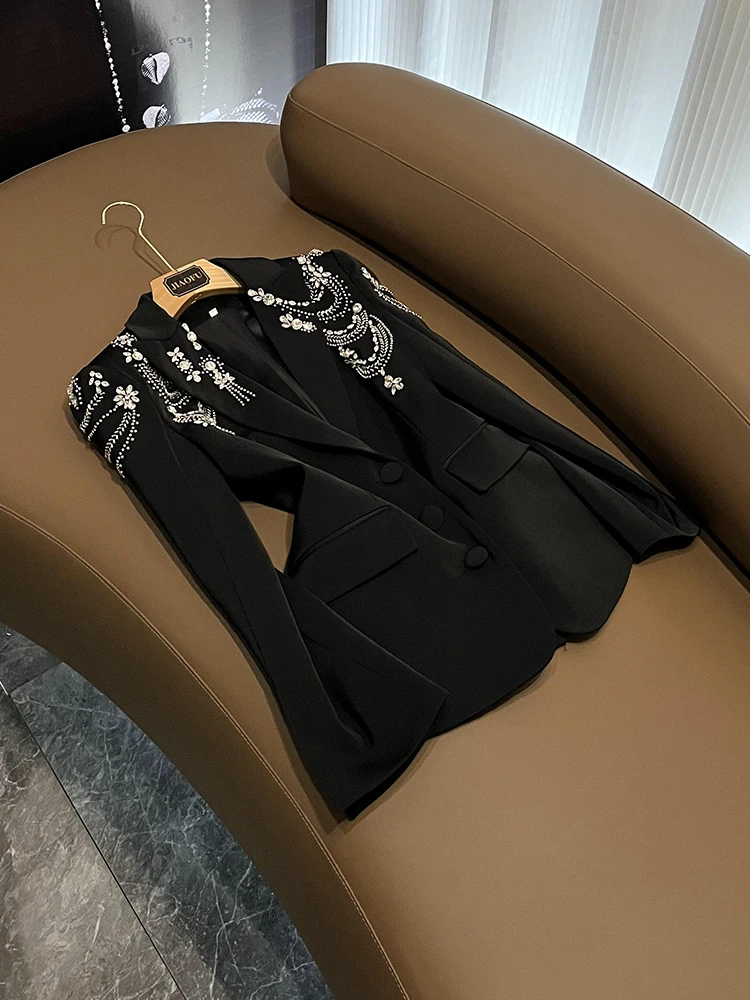 

Summer New Heavy Embellished Suit Jacket OL Commute Top Western Style Women's Fashion Long Sleeve Mid-Length Pure Color