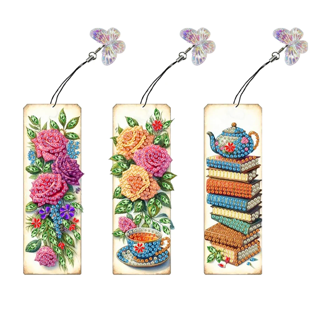 

3Pcs Special Shape Flowers Coffee Diamond Painting Bookmark 5D DIY Diamond Painting Bookmark Diamond Art Bookmark with Pendant