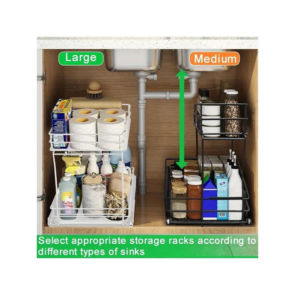 Pull out cabinet organizer two layers slide out of the sink cabinet organizer, kitchen bathroom cabinet sink organizer below