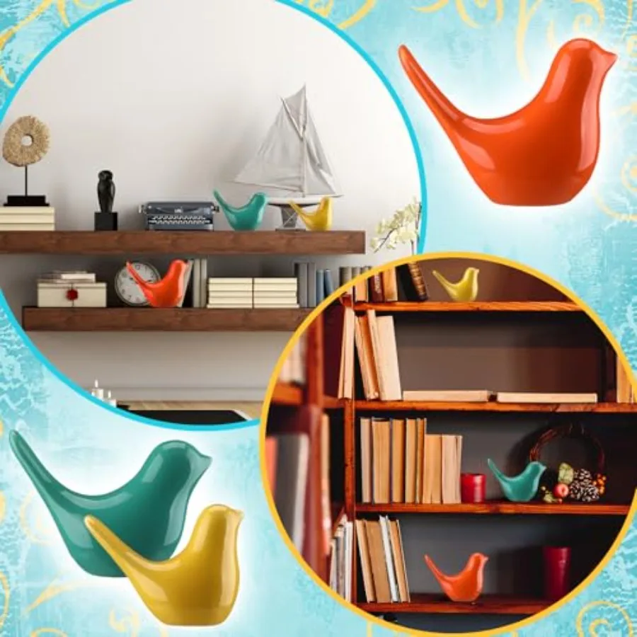 3pcs Mid Century Modern Decor Medieval Table Decor Ceramic Birds Orange Blue and Yellow Ceramic Birds for Home Office Table Des - view 6