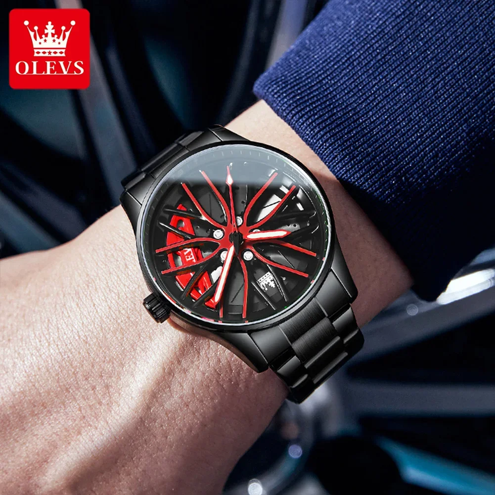 OLEVS 9937 Sport Quartz Men Wristwatches Wheel Design High Quality Waterproof Stainless Steel Strap Watches for Men Luminous