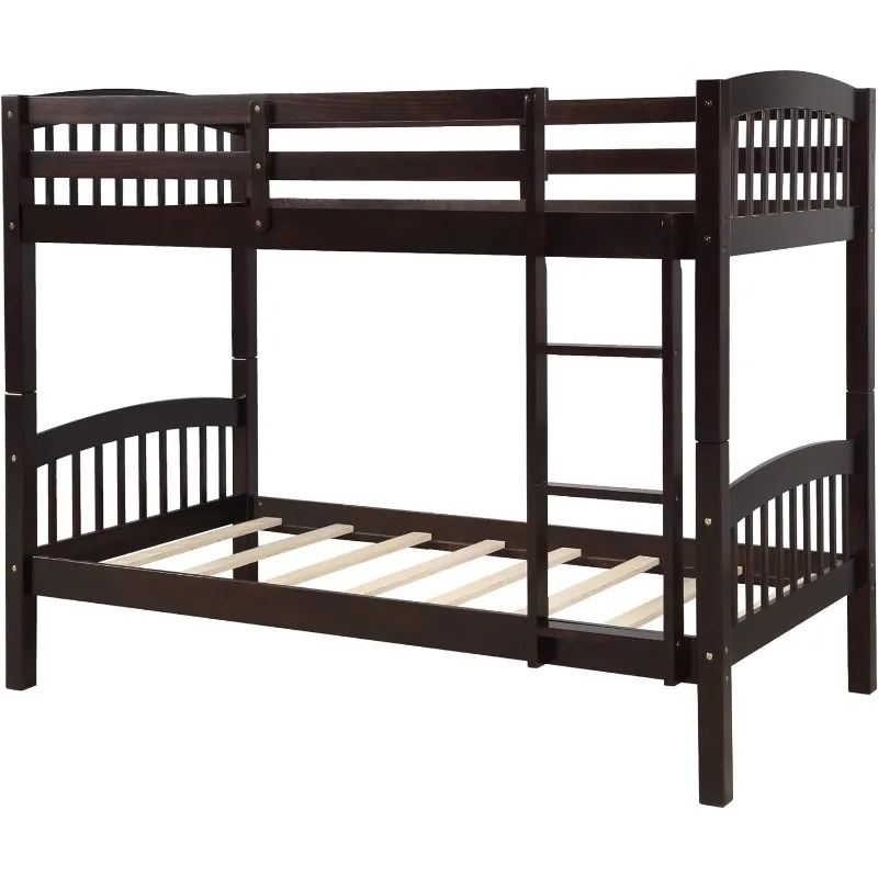 Twin Over Twin Bunk Bed with Ladder, Solid Wood Bunk Bed Frame for Kids Teens Adults, Bedroom, Dorm, Convertible into 2 Beds