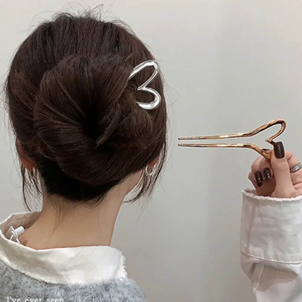 Korean Hair Accessories Metal U Shape Hairpins For Women Girls Silver Gold Color Headwear Simple Heart Shaped Hair Sticks Gifts