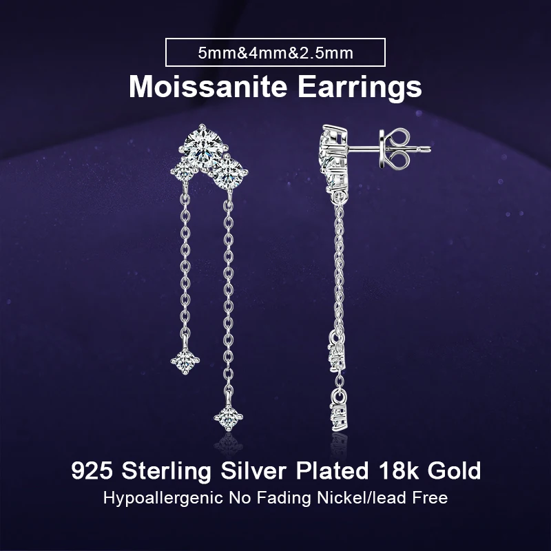 

Tassel Drop Stud Earrings Moissanite 2.5mm-5mm D Color 925 Sterling Silver Earrings Engagement Jewelry for Women Valentine Gift