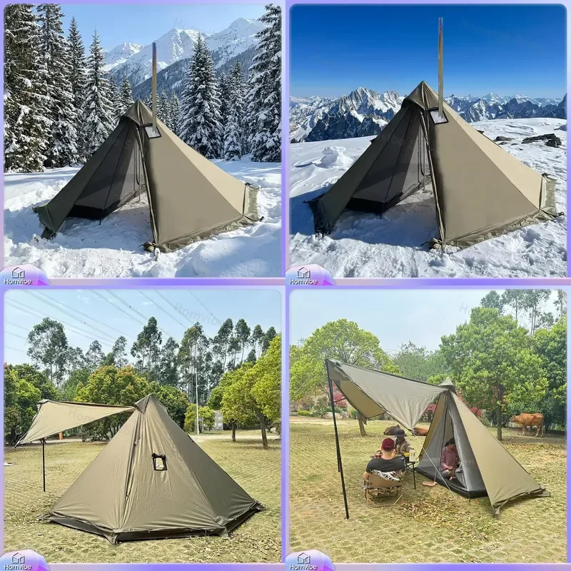 Hot Tent with Snow Skirt 2 Layer Oxford Cloth Waterproof Windproof Portable 4 Season Pyramid Tent for Outdoor Camping Hiking