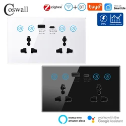 Glass Touch Panel WIFI Tuya + Bluetooth Smart Universal 3 Hole Wall Socket With Power Monitoring With Child Lock Protection