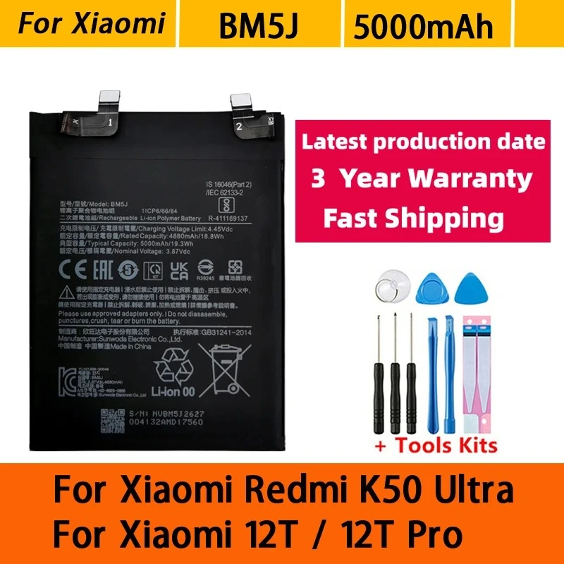 100% New BM5J 5000mAh Battery For Xiaomi Mi 12T Pro / Redmi K50 Genuine Mobile Phone Replacement Batteries +Tools  Fast Shipping
