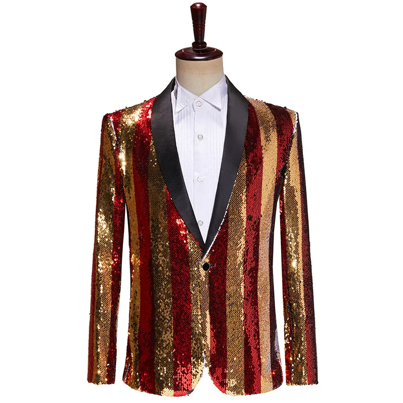 High Quality Men's Stripes Sequins Blazers Coat Bar Male Singer Concert Stage Performance Sequined Tuxedo Jacket Costume